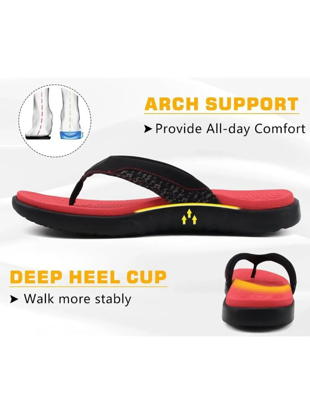 Mens Black Red Flip Flop Open Toe Athletic Orthotic Fasciitis Sport Sandal Shoes